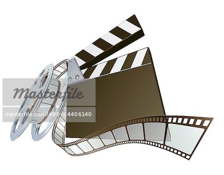 A clapperboard and film spooling out of film reel illustration. Dynamic perspective and copyspace on the board for your text.