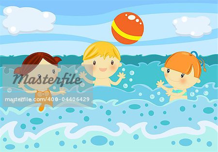 Summer time digital illustration with children having fun at seaside