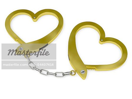 Handcuffs of love rendered with soft shadows on white background. Conceptual idea of marriage.