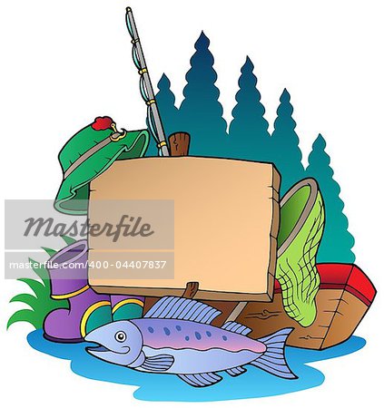 Wooden board with fishing equipment - vector illustration.