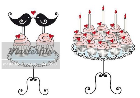 birthday cupcakes with hearts, vector illustration