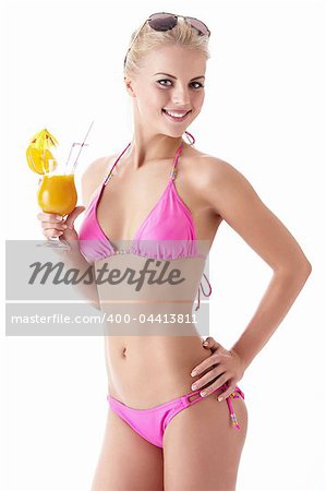 A beautiful girl with a cocktail on a white background