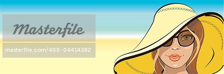 girl on the beach in hat and sunglasses. summertime banner. Also available as a vector in adobe illustrator EPS format, compressed in a zip file