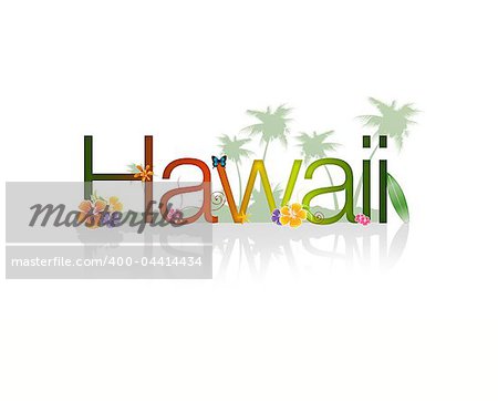 High Resolution graphic of the word Hawaii with tropical elements.