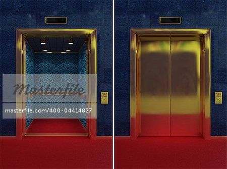 Two images of a luxurious elevator with opened and closed doors