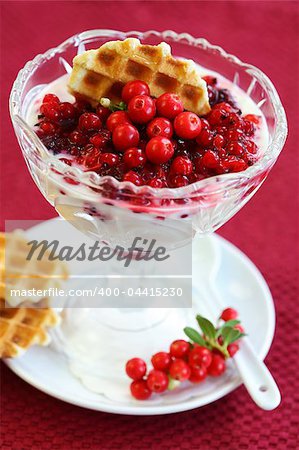 White yogurt with caramelized berries and honey waffle