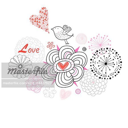 graphic love bird on a white background with black flowers
