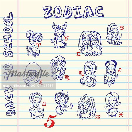 school zodiac signs, doodley set symbols