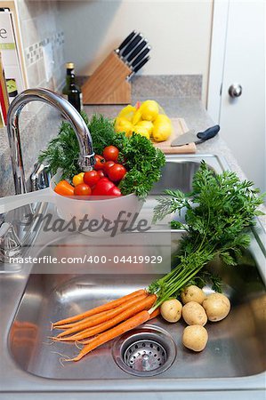 Fresh vegetables, herbs, and fruit being prepared in the kitchen