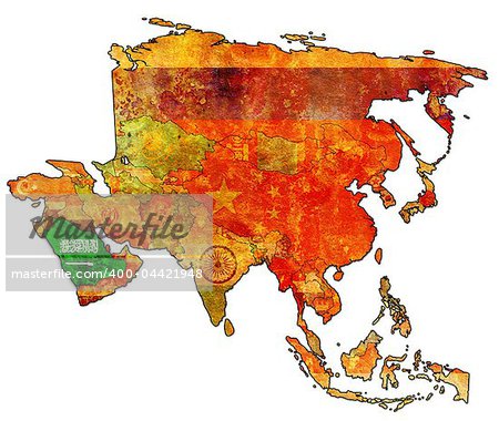 old political map of asia with flag of saudi arabia