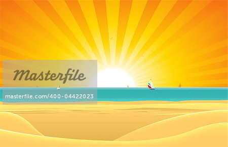 Illustration of a summer sunny beach poster background, horizon over water and sailboats