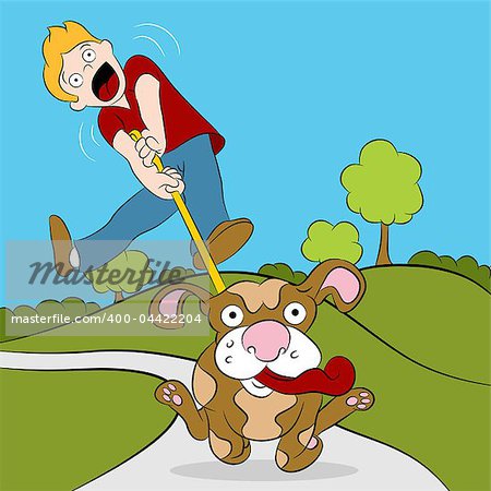 An image of a man being pulled while trying to walk his dog.