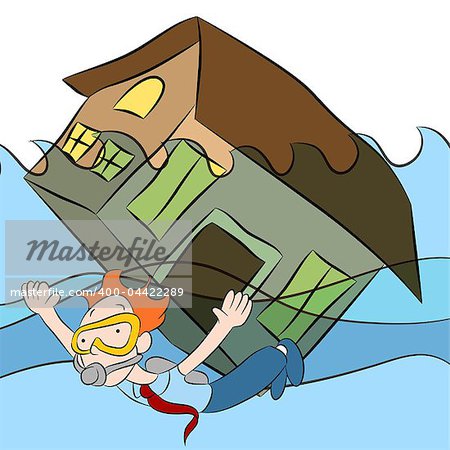 An image of a person swimming with a house that is sinking in water.