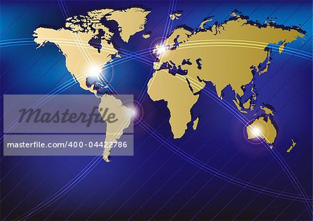 Technology Background - Golden World Map With Glowing Fibers