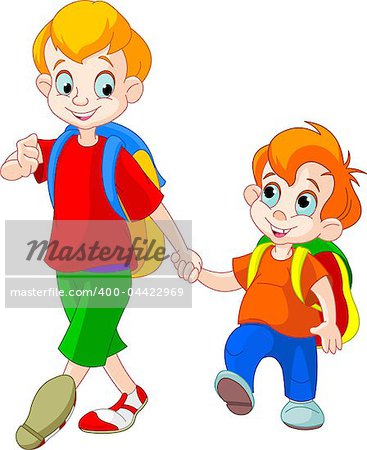 Illustration of two brothers go to school
