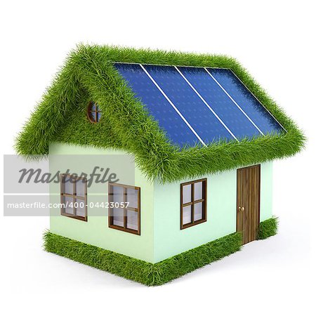 House from the grass with solar panels on the roof. isolated on white.