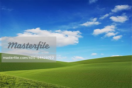 Rolling green hills and a blue sky