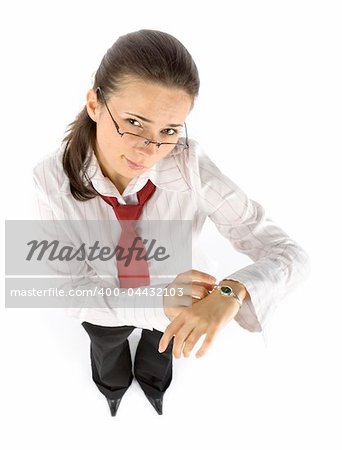 isolated businesswoman pointing watch