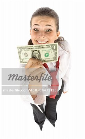 isolated businesswoman with one dollar banknote