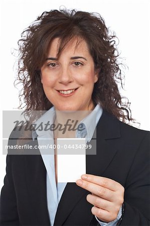 Business woman holding one blank card over a white background. Focus on card