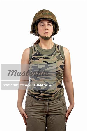 A beautiful soldier girl standing on white background