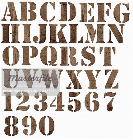 Alphabet and numbers cut from stained burlap. Alphabet and numbers cut from stained burlap.