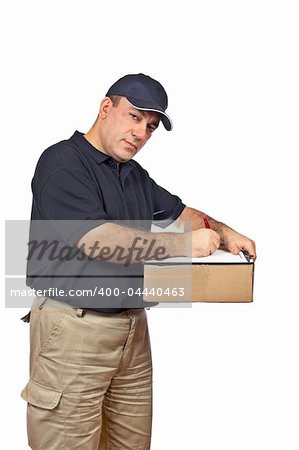 A courier holding the box, writing on white background