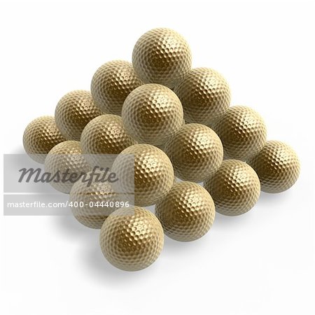 golden golf ball pyramid stack on gray background