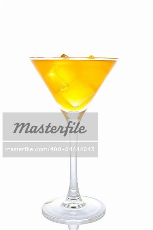 A glass of fresh orange cocktail with ice cubes reflected on white background