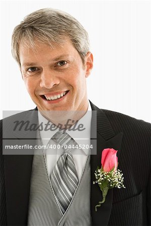 Portrait of Caucasian male in tuxedo.