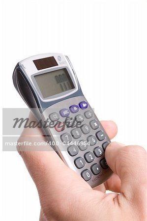 hand with calculator, number 777 on it display