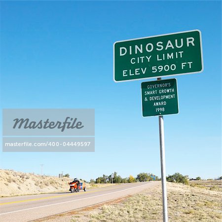 City limit sign for city of Dinosaur, Colorado, USA.