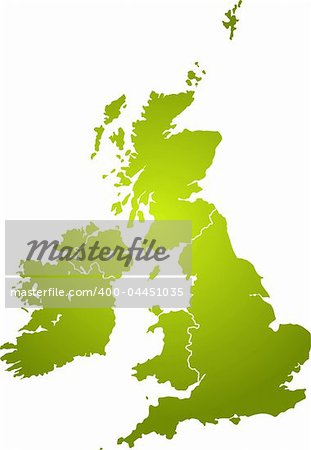 Illustration of the british isles in different shades of green isolated from the background