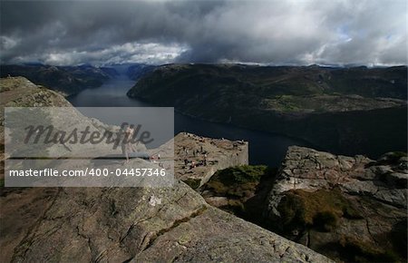 Pulpit Rock at Lysefjorden in Norway. A well known tourist attraction towering 600 meters over sea level.