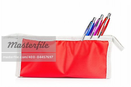 A red pencil case with soft shadow reflected on a white background
