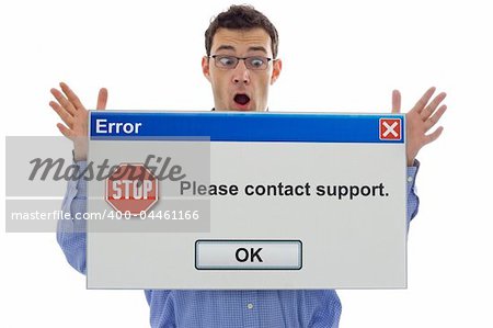 Scared computer user with error message - easily editable - isolated