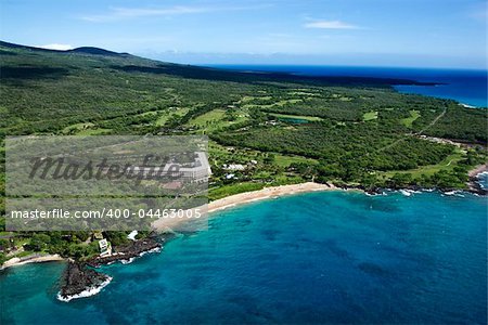 Aerial of beachfront hotel resort in Maui, Hawaii.