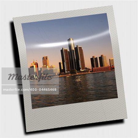 Snapshot of waterfront Detroit skyline at dusk