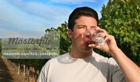 young man drinking red wine at vineyard