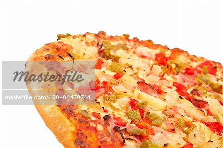 Tasty Italian pizza, isolated on white background. Shallow DOF