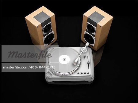 3D render of a turntable and speakers