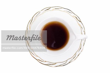 White cup of hot tea isolated on white background. Top view