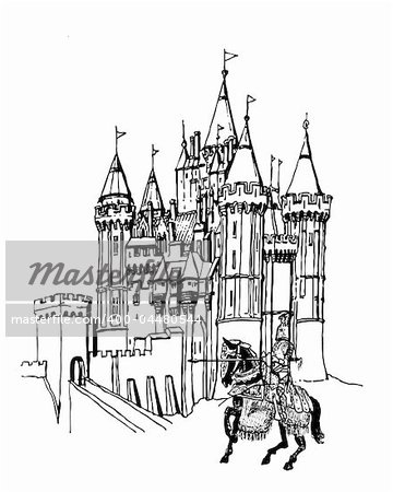 Illustration of castle and knight on horse