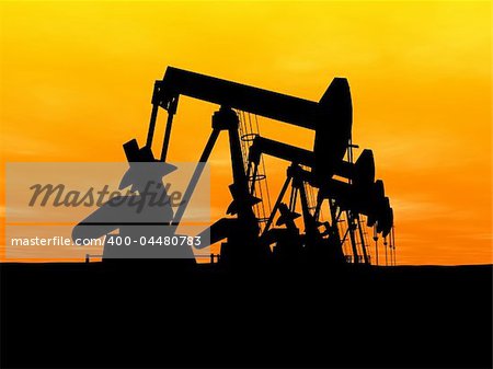 3d rendered illustration of oil pumps in the sunset