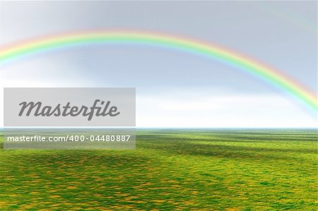 Green field - 3d render of prairie panorama with rainbow