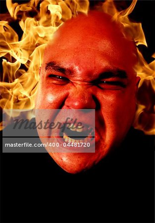 Image of fire and a demonic man.  Two files merged together and enhanced. Flame image is from my portfolio.  Sure, it's overfiltered - but in a good way. Anger management and all that stuff...