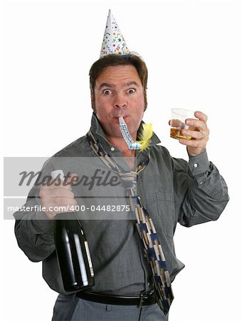 A guy at an office party with champagne, a noisemaker, a party hat and a goofy expression.