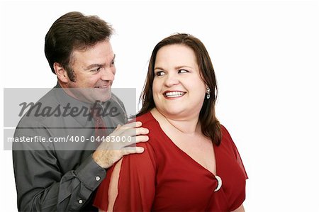 A couple on a blind date meeting for the first time.  Isolated on white.