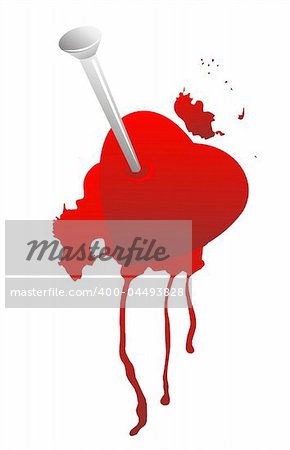 Grunge broken heart and blood on a white background.