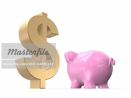 3d rendered illustration of a golden dollar sign and a pink piggy bank